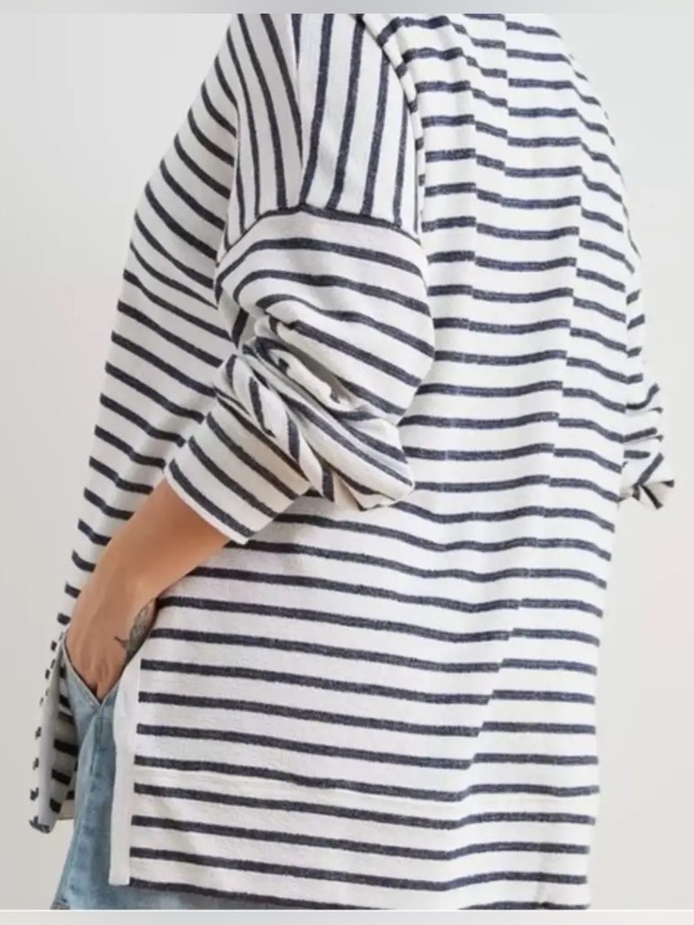 aerie White and Navy Striped Terry Cotton Crew Split Hem Top